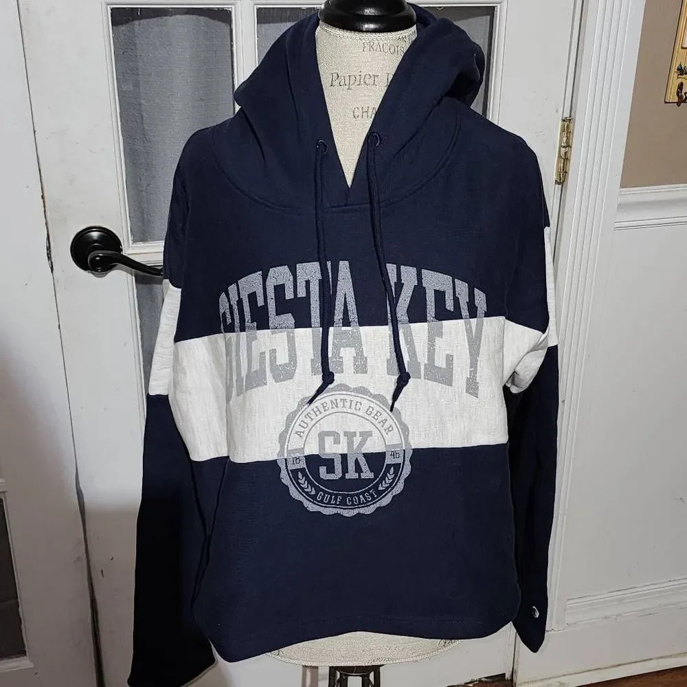 NWT Champion Reverse Weave Womens Navy White‎ Siesta Key Crop Hoodie Large